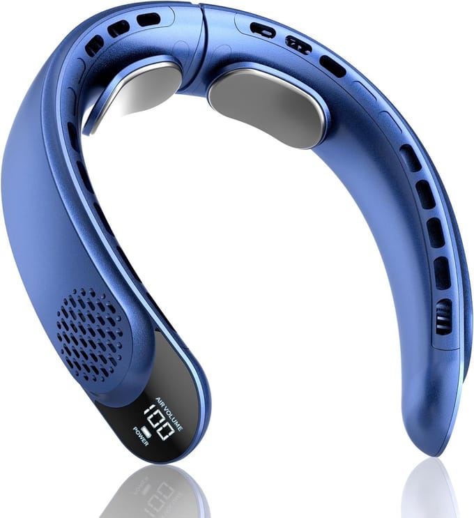 Oplaadbare draagbare nekventilator, persoonlijk koelapparaat dat koude lucht blaast met USB type-C, LED-scherm, 3 snelheden