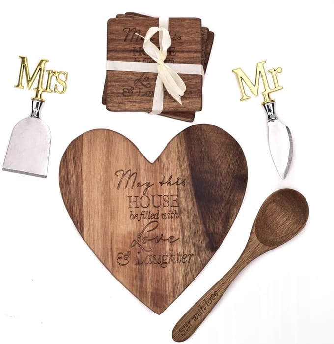 Amore Hart Bord, Onderzetters, Kaasmes en Lepel Set - Mr & Mrs