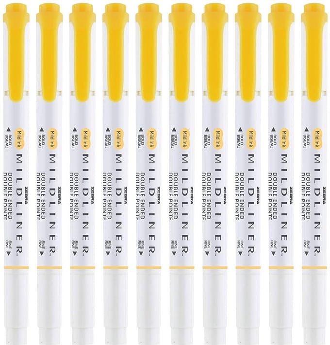 Zebra Mildliner Double-Sided Highlighter - Fine / Bold – Mild Gold Set van 10 + een Luxe Zipperbag - WKT7-MGO