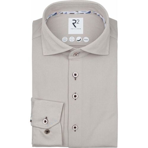 R2 Overhemd Technical Knitted Dobby Beige - Maat 38 - Heren - Overhemden Formeel