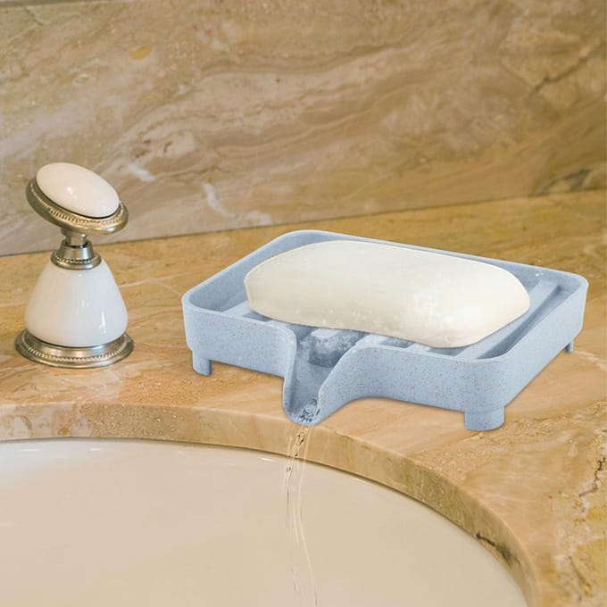 Boîte de rangement pour savon et éponge en paille de blé pour salle de bain et cuisine (Bleu) white