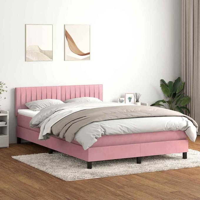 vidaXL - Boxspring - met - matras - fluweel - roze - 160x220 - cm