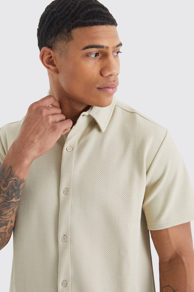 Short Sleeve Jersey Herringbone Shirt & Trouser Set | Stone | Size Medium