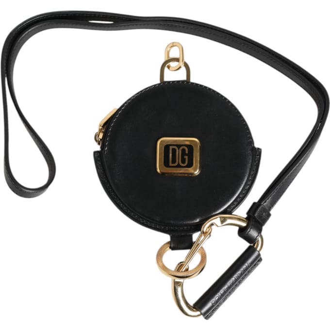 Zwarte Ronde Leren DG Logo Munt Portemonnee Lanyard Wallet