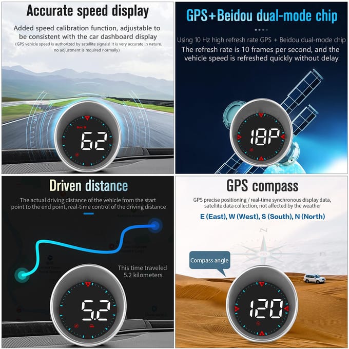 Auto HUD Auto Head-up Display Digitale snelheidsmeter Weergave Rijafstand, Kompashoek, Te hoge snelheid zwart