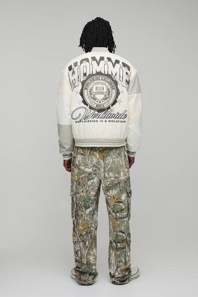 Tall Melton & PU Mixed Fabric Embellished Varsity Jacket | Ecru | Size Large