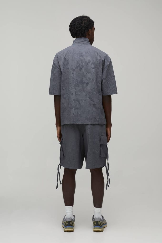 Oversized Funnel Neck Textured Ripstop Cargo Shirt & Longline Short Set | Charcoal | Size Medium