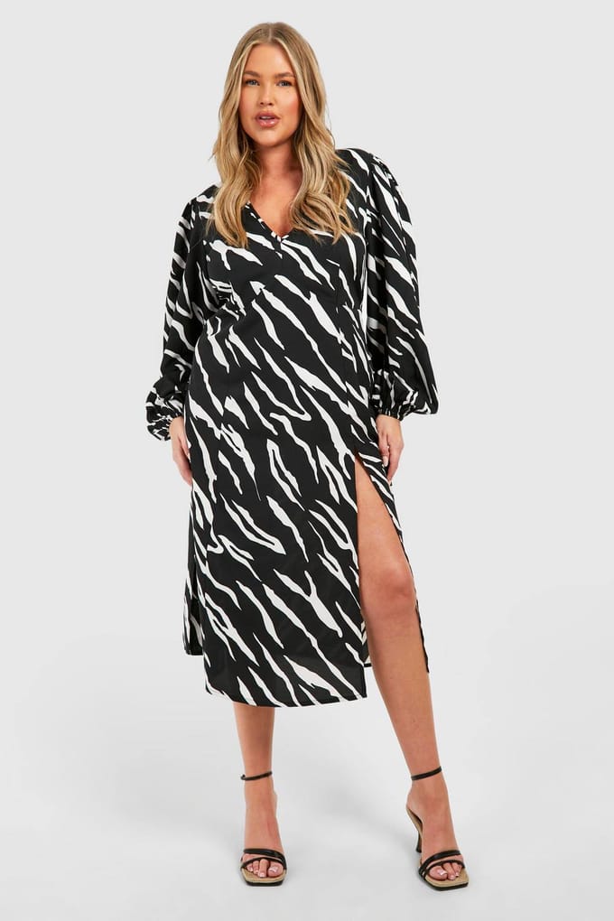 boohoo Dames Plus Animal Print Blouson Sleeve Midi Jurk | Black | Maat: 28