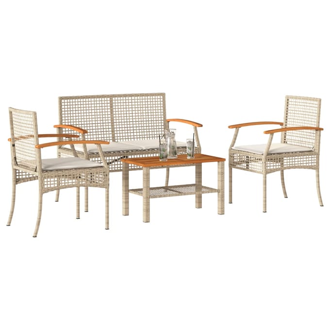 vidaXL - 4-delige - Loungeset - met - kussens - poly - rattan - beige