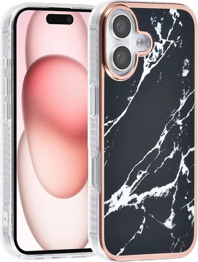 TPU Back Cover hoesje - Marble Zwart Print - Geschikt voor: iPhone 16 Plus