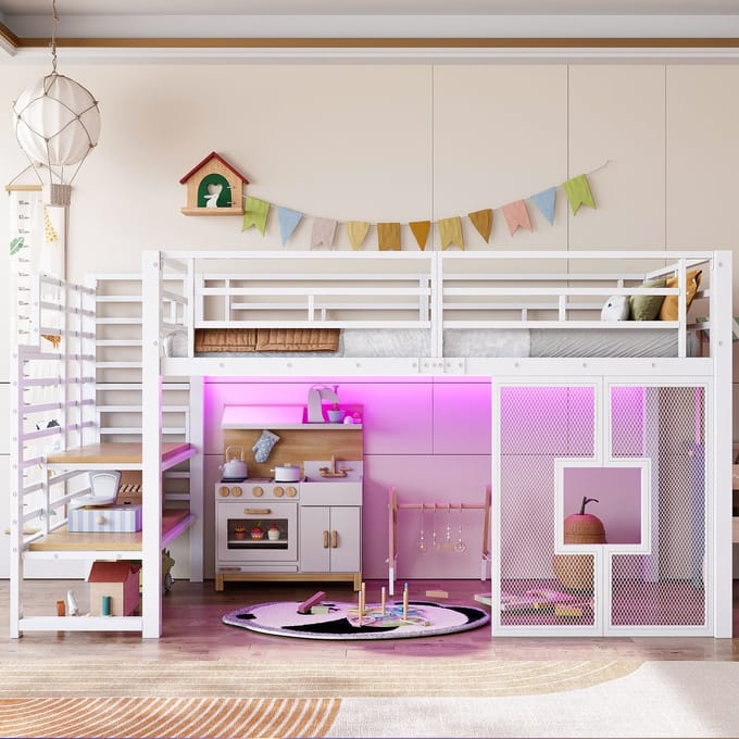 PHOEBE CAT Hoogslaper - 90 x 200 cm - Metalen bedframe - Opbergruimte - LED-verlichting - Kinderbed - Wit