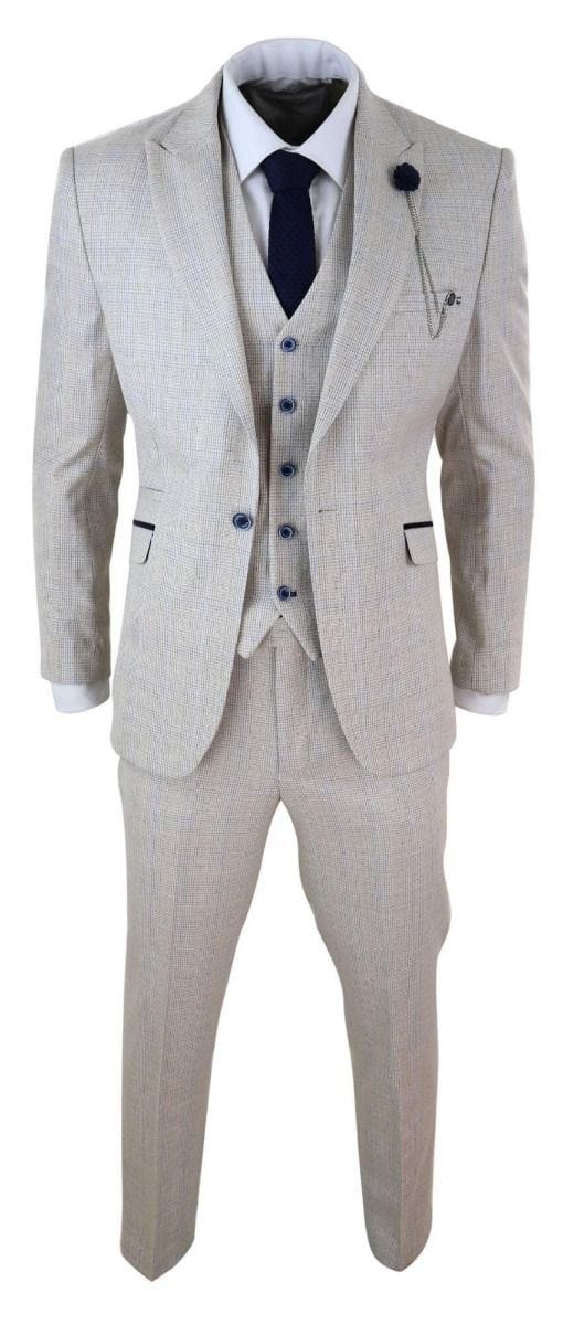 Heren 3-delig crème geruit tweed visgraat vintage klassiek pak