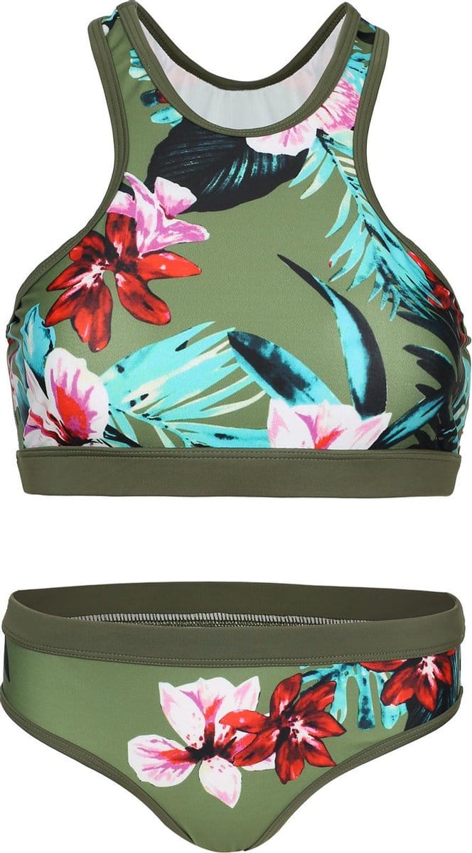 Bikini sport basic - Olijfgroen bloemen 152-158