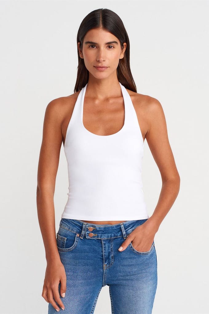 Geribbelde Halternek Mouwloze Blouse