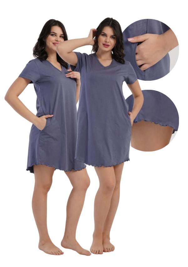 Chemise de Nuit Vienetta L Coton Manches Courtes Confortable Poches