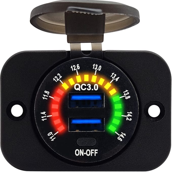 ProRide 12V USB Stopcontact 2 Poorten Inbouw met Schakelaar/Voltmeter - QC3.0 - USB Autolader, Boot en Camper - Complete set