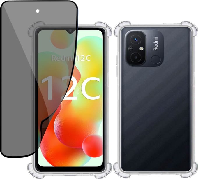 Hoesje + Privé Screenprotector geschikt voor Xiaomi Redmi 12C – Privacy Tempered Glass - Case Transparant