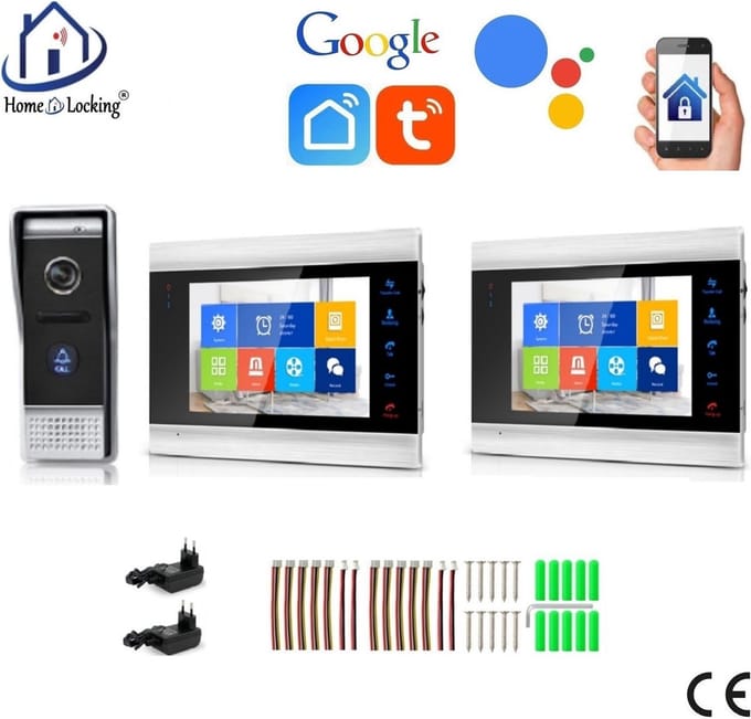 WIFI videofoon/intercom met 1 deurbel camera + 2 binnen paneel/schermen en kan werken met spraak gestuurde apps. T-2101-1-2.