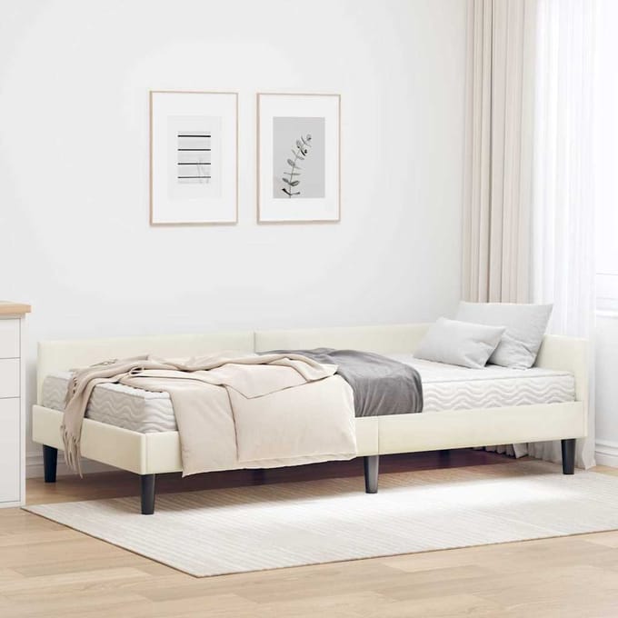 vidaXL - Hoekbedframe - met - Matras - 2 - st - Crème - 90 - x - 190 - cm - Fluweel