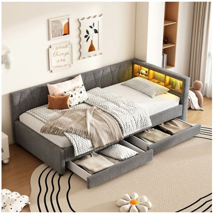 Sofabed - MUVOE - Daybed - 90 x 200 cm - Éclairage LED télécommandé - USB+Type-C et rangements