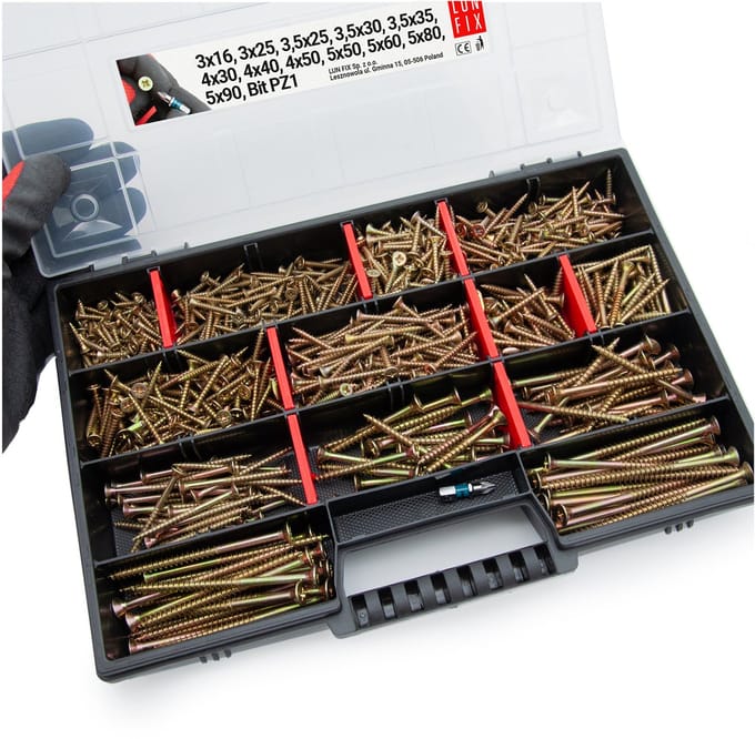 LUN FIX - Houtschroeven - 770 stuks - Assortiment met koffer - Bit assortimentsdoos