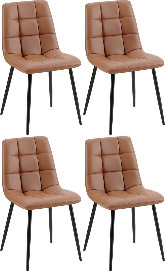 CLP Antibes Set van 4 Eetkamerstoelen - Zonder armleuning - Metaal frame - Kunstleer/donkerbruin