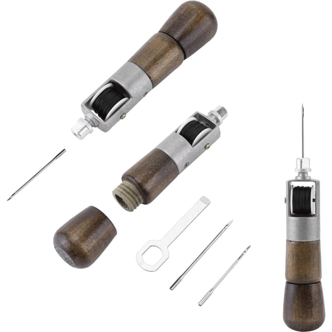 Kit de couture à la main en cuir fait main, poinçon à point noué, 2 aiguilles, clé gray