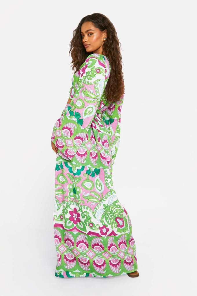 boohoo Dames Mixed Print Split Front Maxi Skirt | Smaragdgroen | Maat: 34