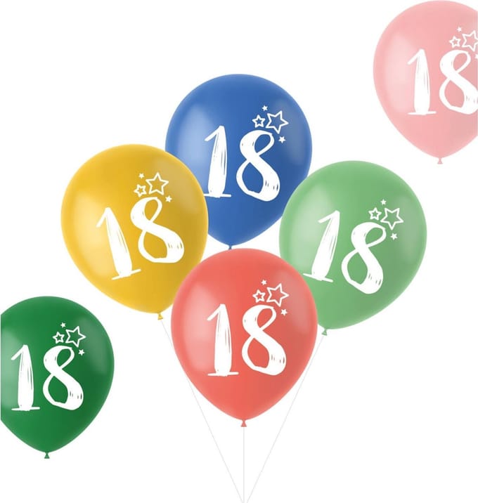 Ballonnen Retro 18 Jaar Meerkleurig 33cm - 6 stuks