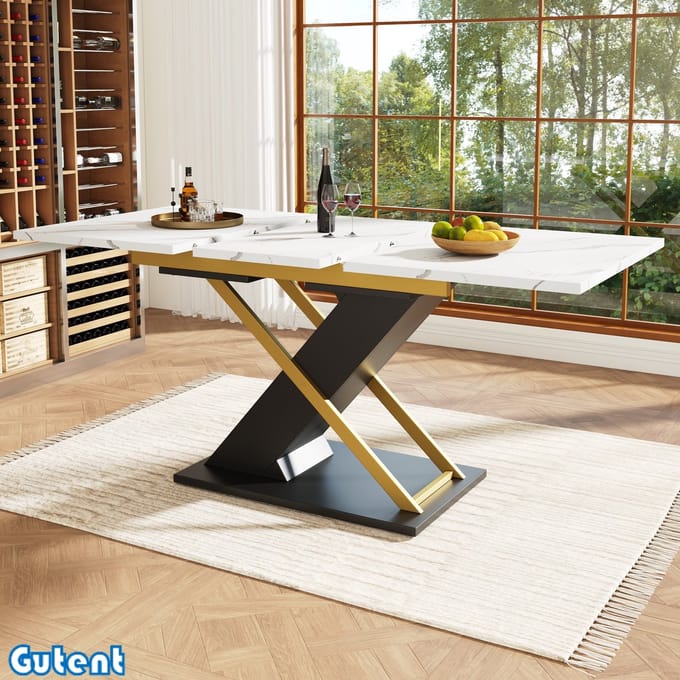 Gutent Uitschuifbare eettafel (160-200 x 60 cm)-Goudzwarte gekruiste poten-Wit tafelblad