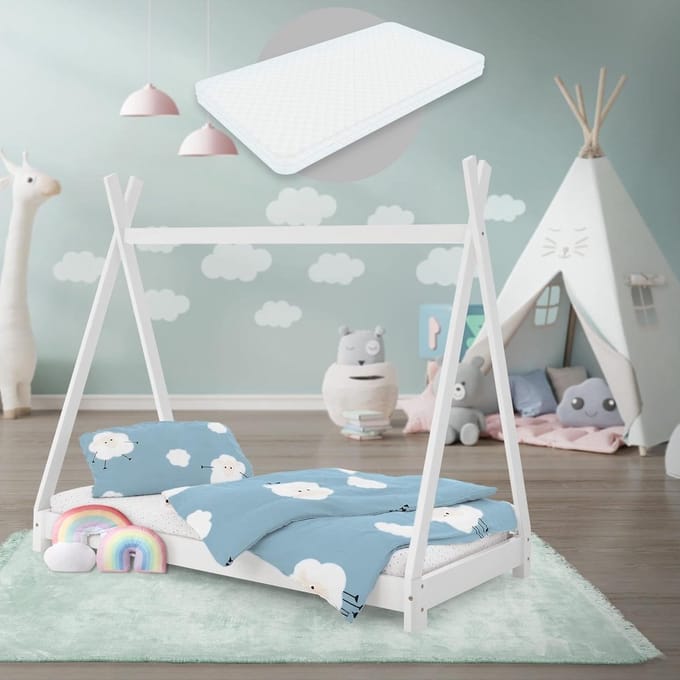 Kinderbed Tipi 70x140 cm Wit met Matras en Lattenbodem - Speelbed van Grenenhout