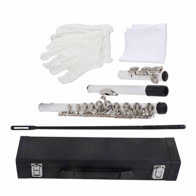 LADE C Sleutel 16 Gaten Messing Fluit Beginnerskit Opbergkoffer Reinigingsdoek Handschoenen (wit)