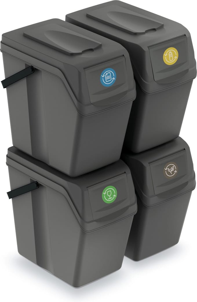 Prosperplast Afvalscheidingprullenbakken - 4-delig - grijs - 25 L per unit - prullenbak - afval scheiden