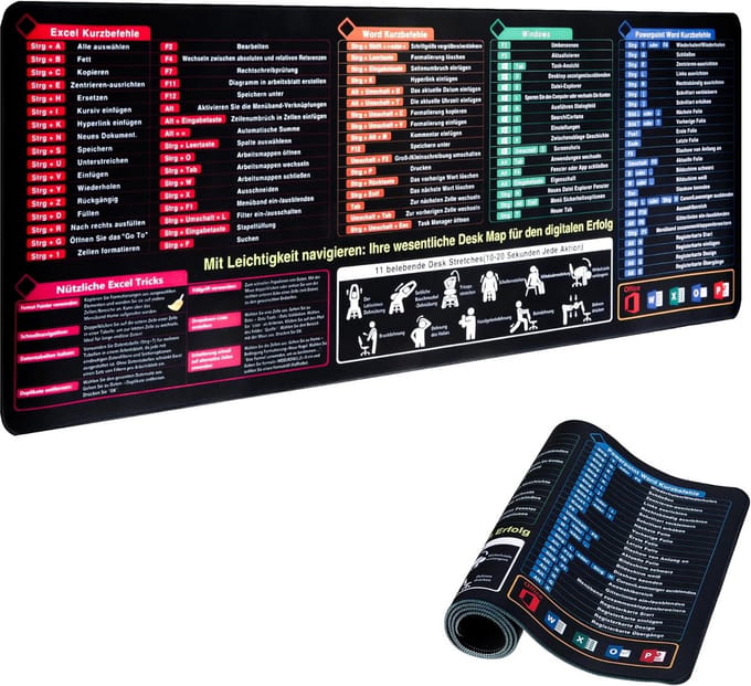 Groot XL Bureauonderlegger met Duitse Excel Sneltoetsen - Waterdicht & Antislip