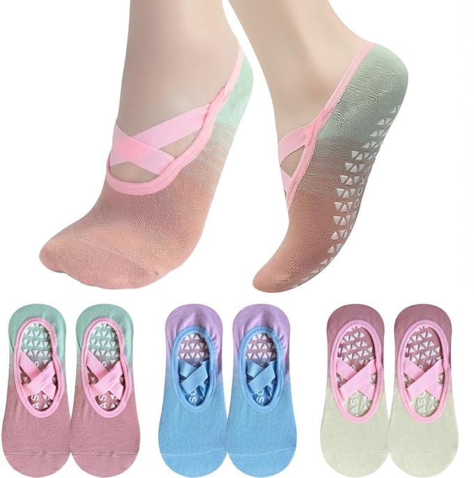 Antislip Yogasokken voor Dames - Gekruiste Elastische Bandjes - 3 Paar met Kleurverloop