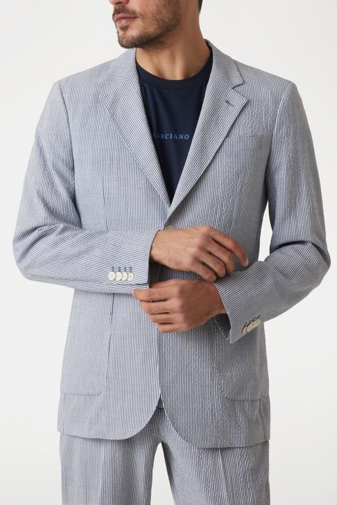 GUESS Marciano By  Grant 2b Patch Pkts White/blue Stripes Größe: 48 | Blazer Outlet | Herren | Weiß