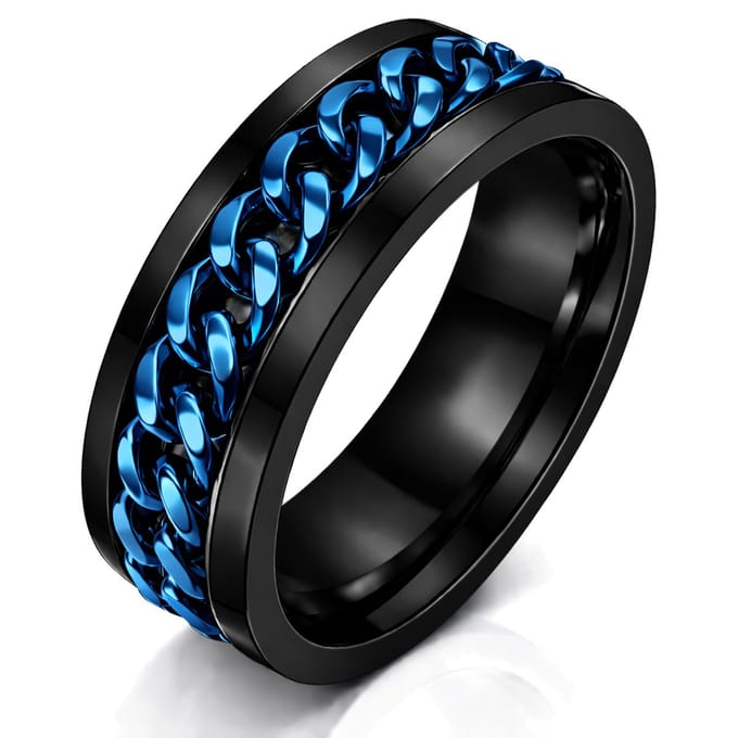 Stalen herenring met Cubaanse ketting Zwart Blauw-21.5mm