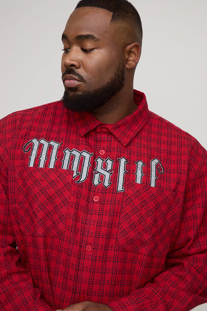 Plus Oversized Boxy Microcheck MMXIII Applique Double Pocket Long Sleeve Shirt | Red | Size 3XL