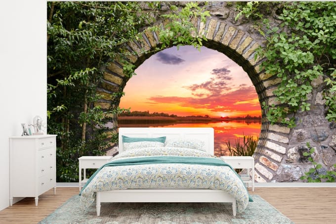 Behang - Fotobehang Zee - Zonsondergang - Doorkijk - Breedte 320 cm x hoogte 240 cm