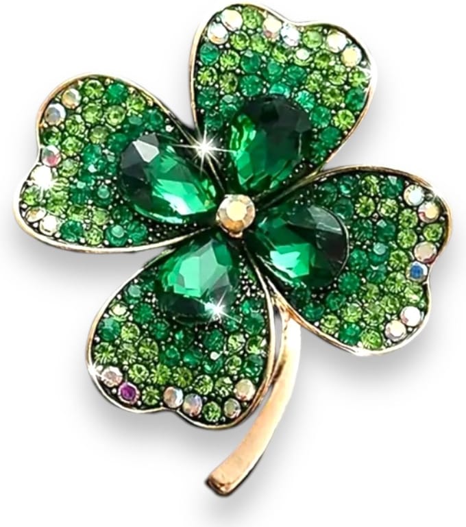 Luxueuze Klavertje Vier Broche met Groene Kristallen