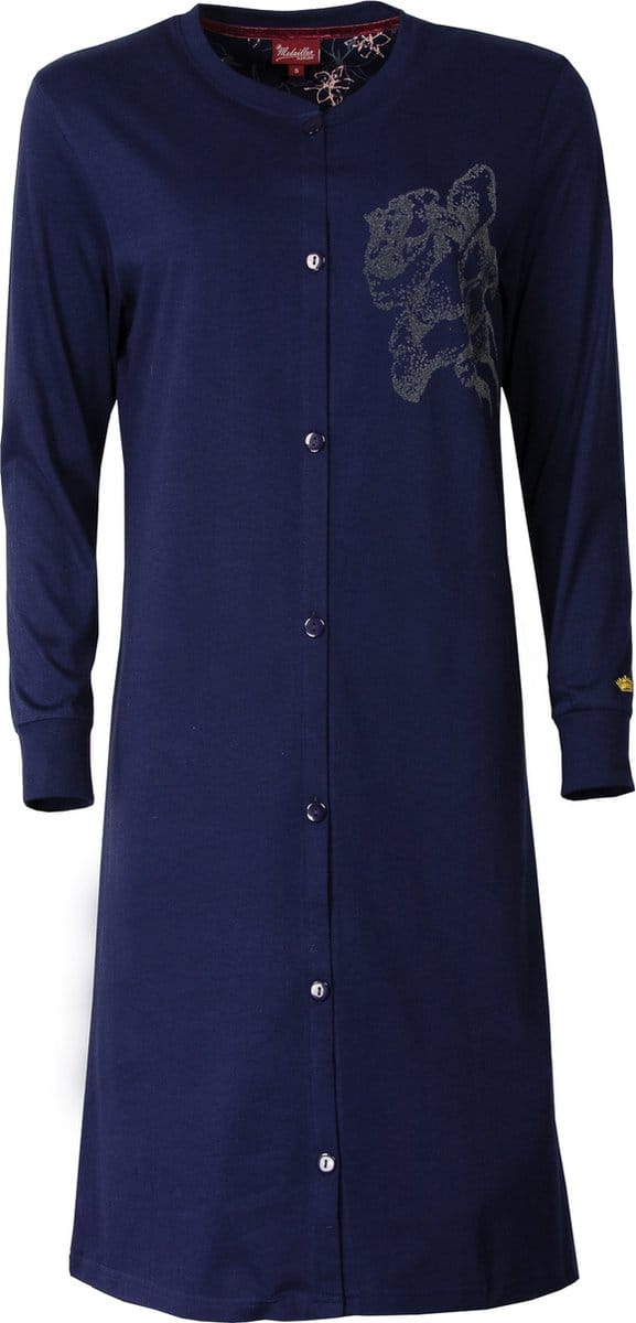 Medaillon Dames Nachthemd - Doorknoop - 100% Katoen - Blauw - Maat M