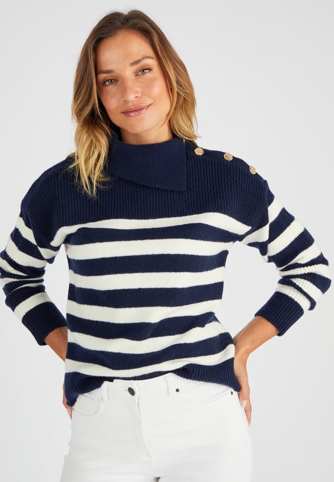 Damart - Marinière trui met knopen op de schouder. - Dames - Blauw - S