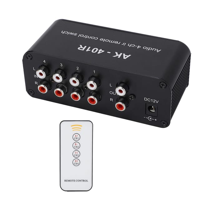 Audio Schakelaar 1 In 4 Uit DC 12V RCA Signaalkiezer Audio Splitter met Afstandsbediening black