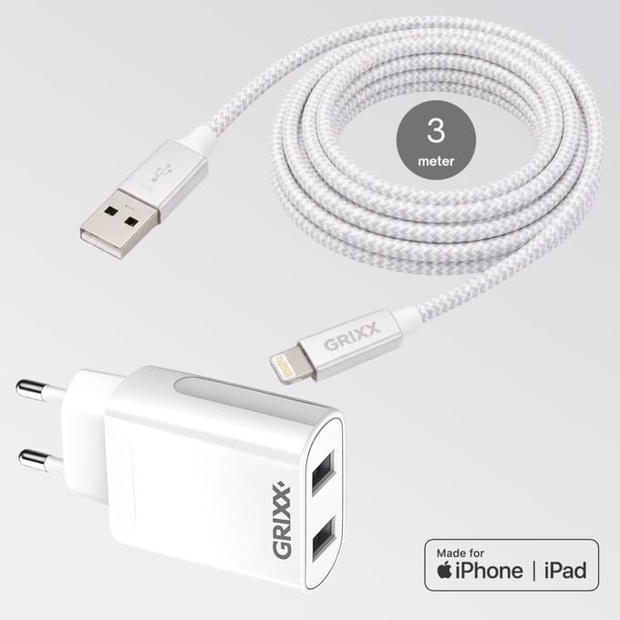 Oplader iPhone met Lightning naar USB-A kabel - Grixx - MFi - 3 meter - Wit