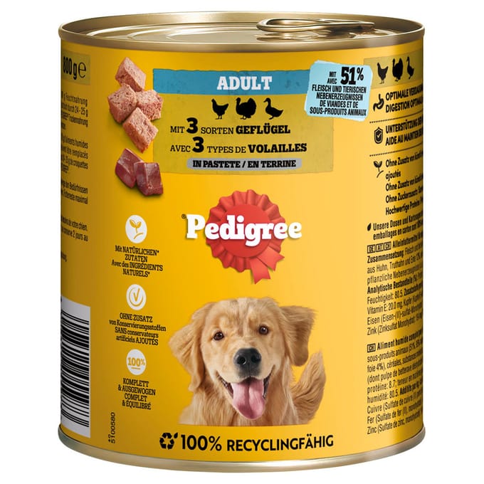 12x800g Gevogelte in paté Pedigree Classic natvoer voor honden