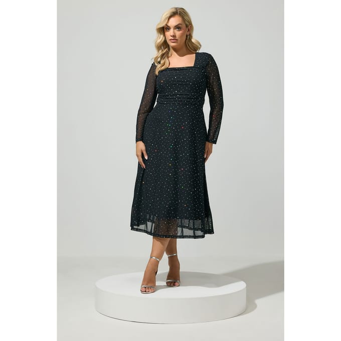 Yours London Zwarte Mesh Maxijurk Met Pailletten Size 52