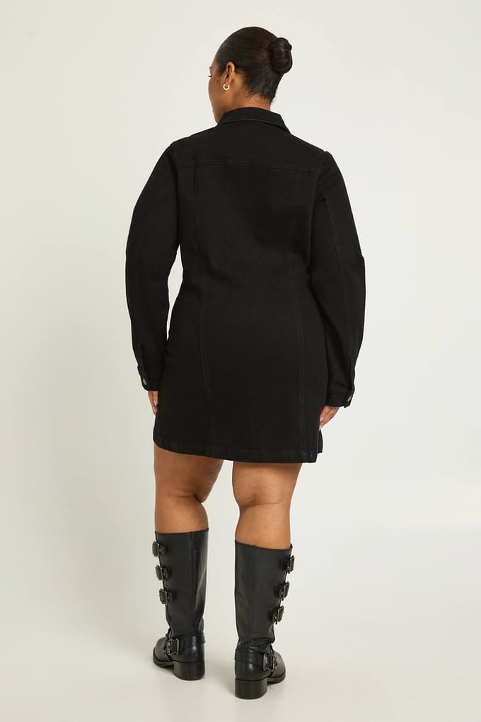 boohoo Dames Plus Denim Rits Shift Jurk | Black | Maat: 16