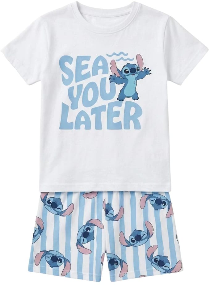 Lilo & Stitch Shortama - Maat 122/128 - Katoen - Blauw - Wit - Kind