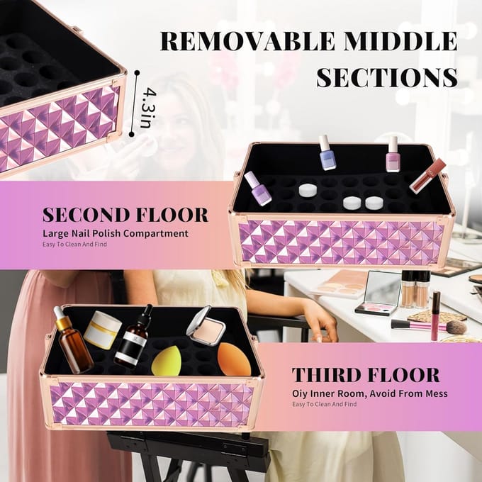 Professionele Make-up Trolley Koffer 4-in-1 met Draaibare Wielen en Grote Opslag