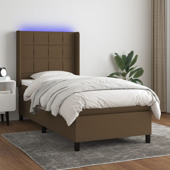 vidaXL - Boxspring - met - matras - en - LED - stof - donkerbruin - 90x190 - cm